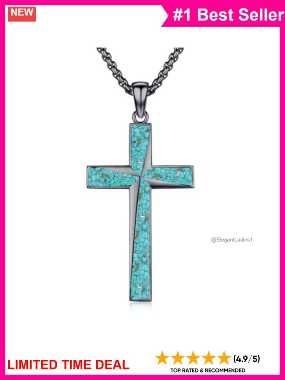925 Sterling Silver Turquoise Cross Pendant Necklace 20+2in Christian